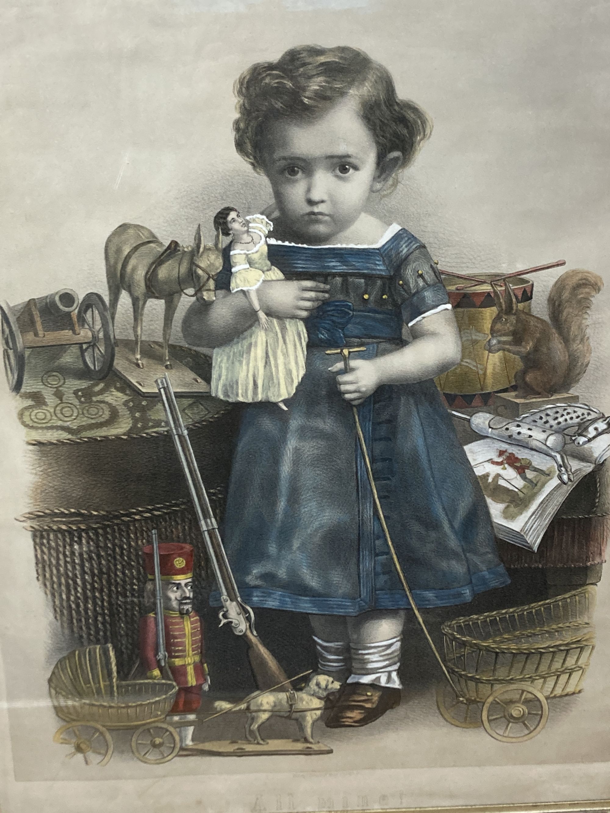 Victorian School, three chromolithograph, All Mine; Bo Peep and Boy Cricketer, largest 83 x 59cm